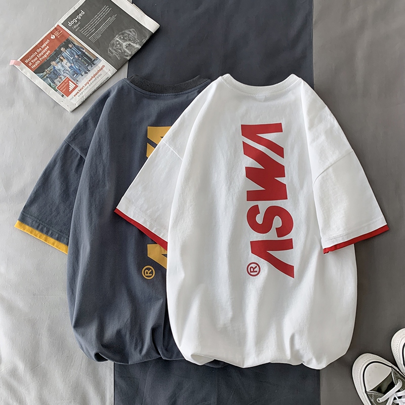 新爆料网红t恤男ins超火短袖宽松个性拼色情侣装万能白t时髦翻倍