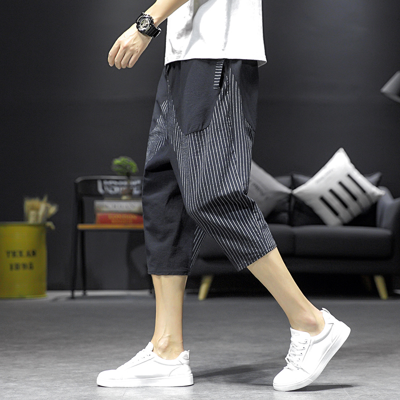 夏季条纹撞色六七分裤男士中国风棉麻复古修身萝卜裤拼接设计感潮