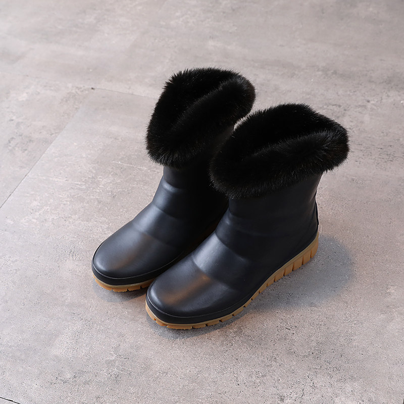 瑕疵秋冬女士中筒棉毛保暖轻便防滑雨鞋中年雨鞋