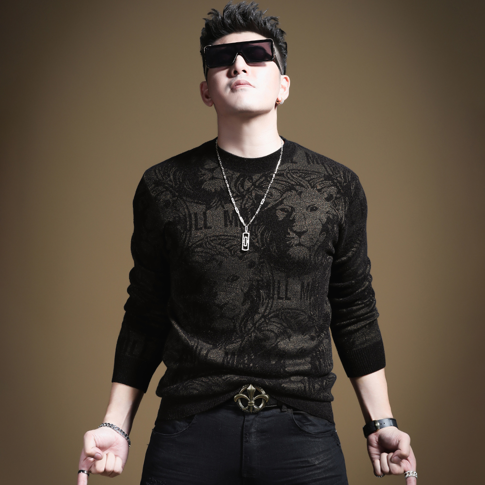 言吉潮牌男装修身上衣帅气狮子潮流无帽圆领针织卫衣秋季新款毛衣