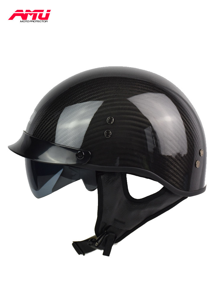 amu夏季复古头盔摩托车碳纤维半盔机车安全帽电动车摩托车头盔