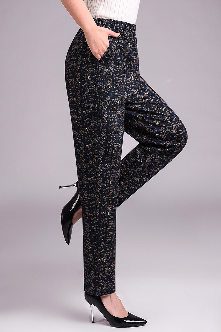 中老年女裤春秋大码妈妈直筒裤松紧高腰宽松弹力花裤子奶奶休闲裤