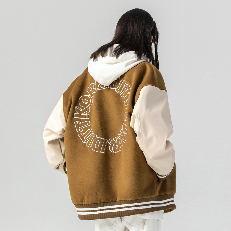 DITTKORR毛呢拼接棕色宽松情侣棒球服外套早春美式复古潮牌夹克男