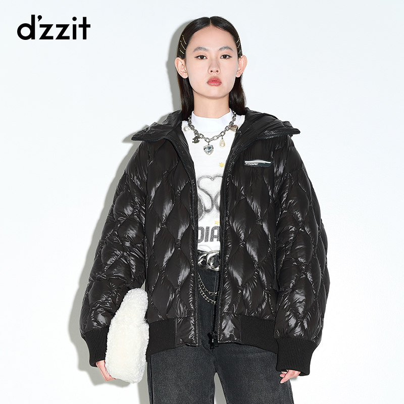 dzzit地素2021黑色休闲连帽羽绒服3d4k3061a羽绒服