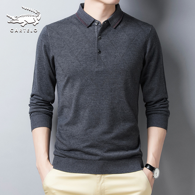 鳄鱼男士翻领针织衫毛衣薄2023春秋时尚菱形条纹含羊毛长袖T恤男