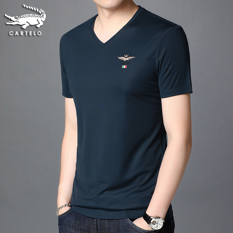 鳄鱼冰丝短袖t恤男V领休闲韩版男士丅体恤衫半袖打底汗衫夏装上衣