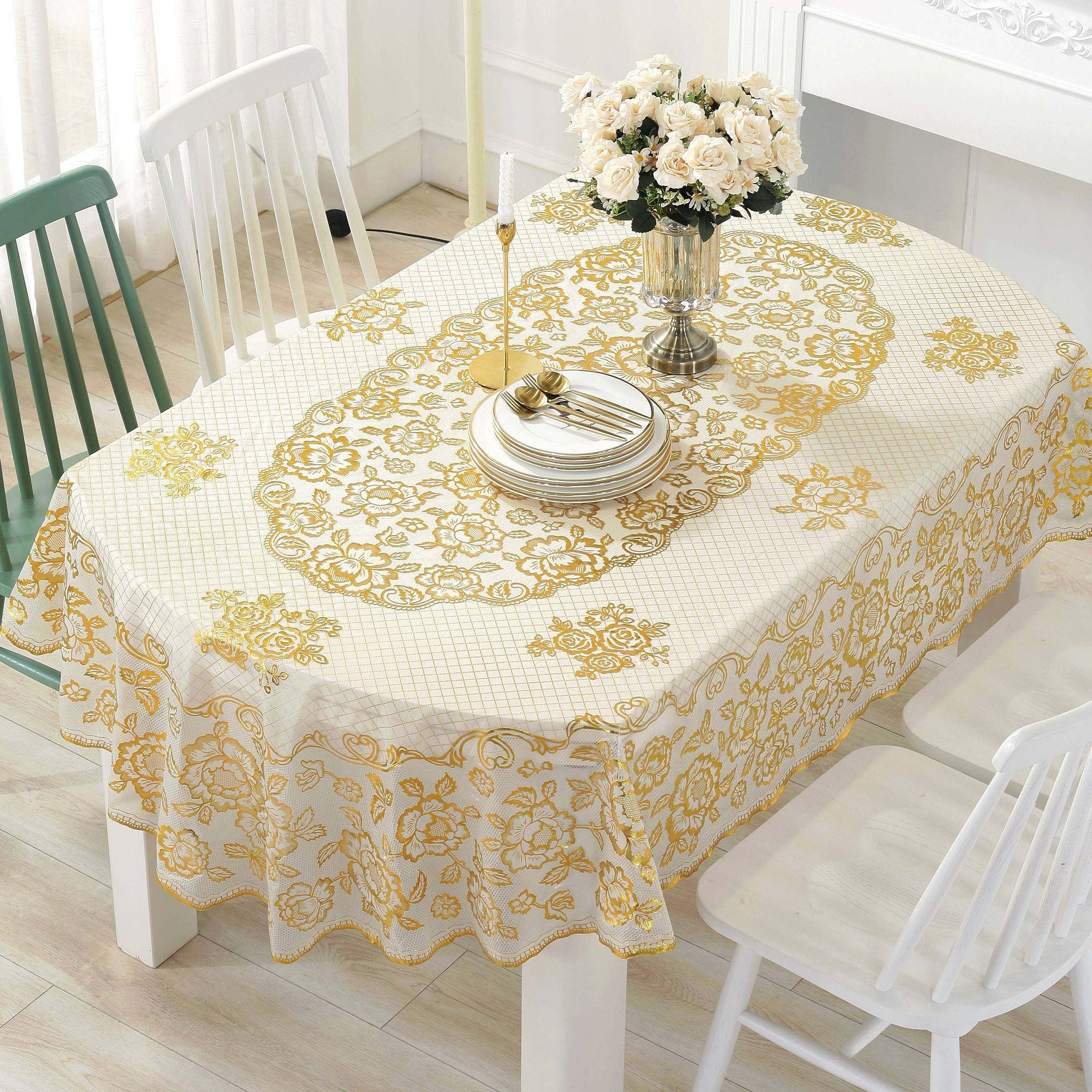 pvc餐桌布防水防油防烫免洗欧式烫金桌垫田园桌布布艺椭圆形桌布