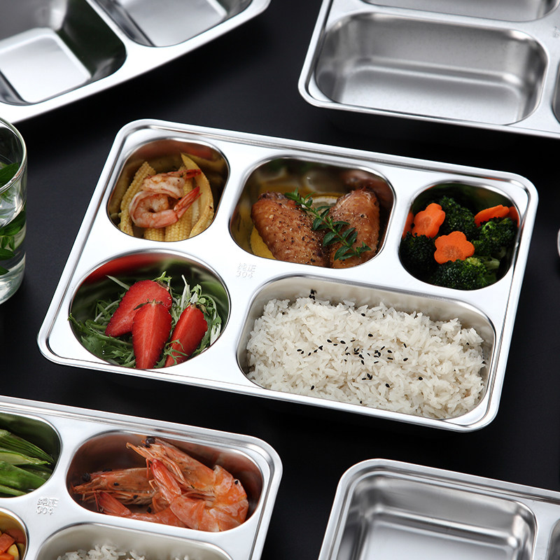 304不锈钢快餐盘分隔餐盒分格四格五格饭盘家用成人加深 食堂餐盘
