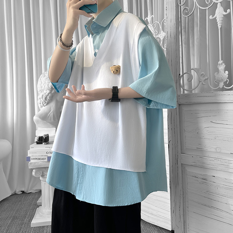 假两件小熊jk短袖衬衫男设计高级感上衣服夏装别致盐系dk半袖衬衣