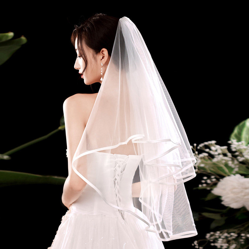 头纱新娘主婚婚纱结婚白色甜美蝴蝶结短款拍照头纱