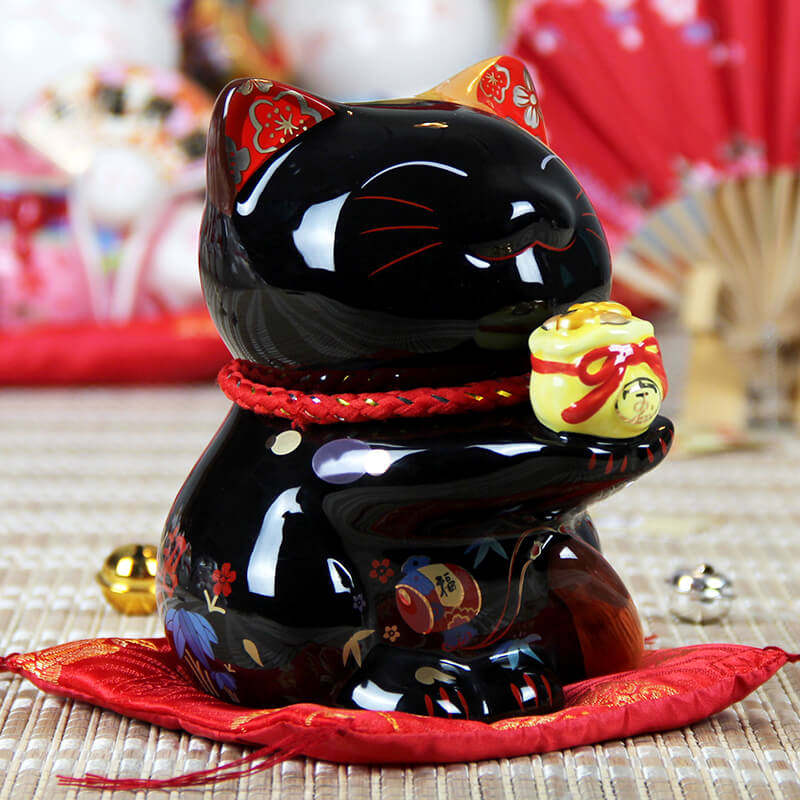 福缘黑色福袋招财猫摆件店铺开业居家招财猫