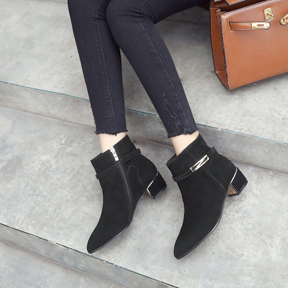 短靴女秋冬季新款真皮中跟短筒裸靴尖头及踝靴磨砂皮马丁靴女靴子