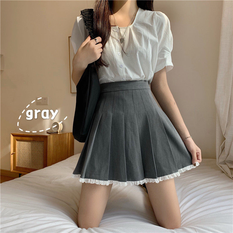 大码灰色百褶裙蕾丝拼接法式半身西装料jk制服半身裙