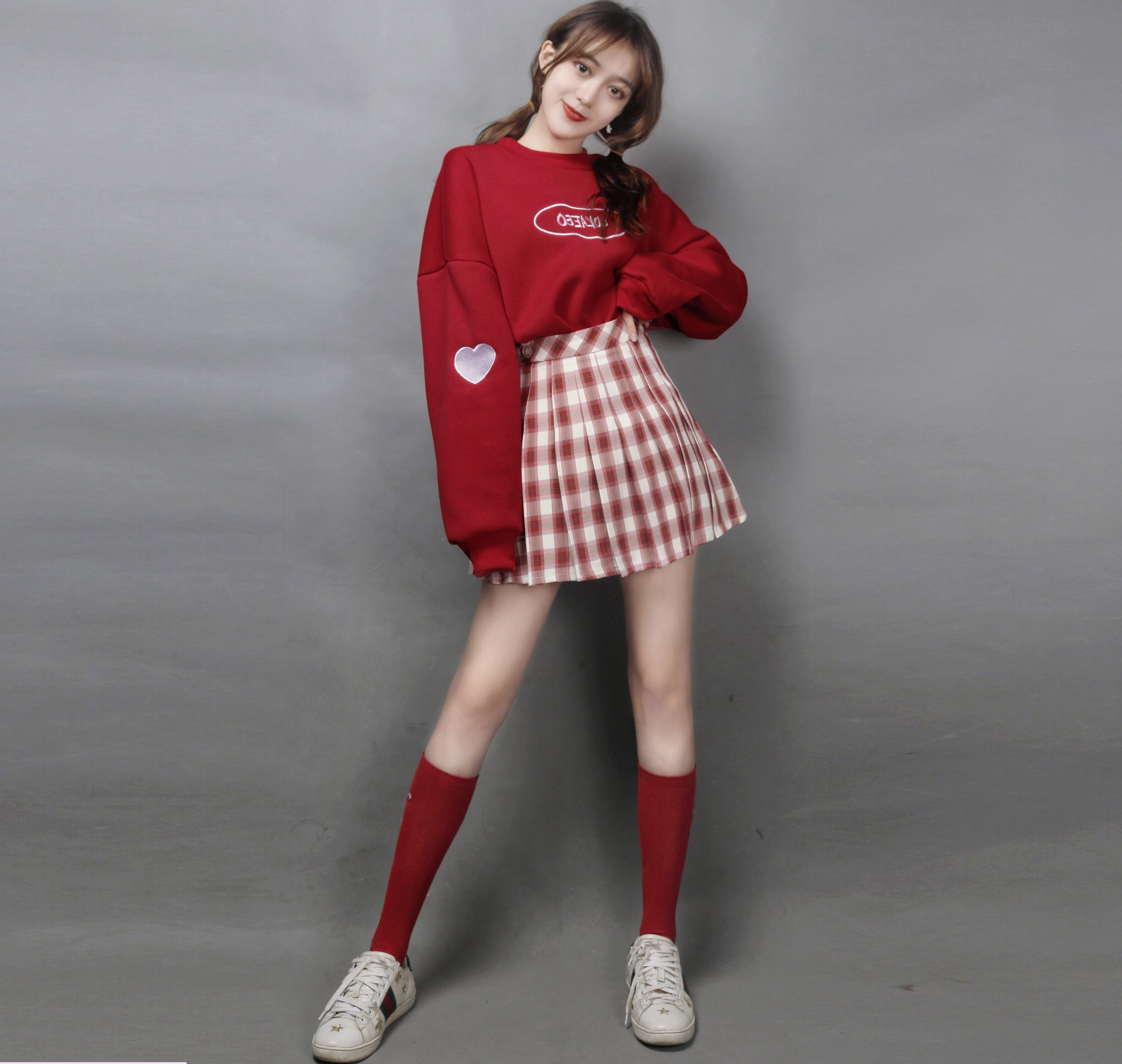 2020秋冬学院jk格子短裙大红红色年会卫衣卫衣