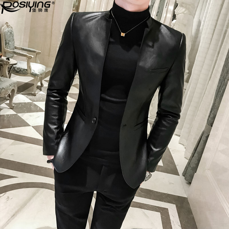 小西装男韩版潮流春秋季修身外套PU皮西服休闲帅气立领皮夹克男装