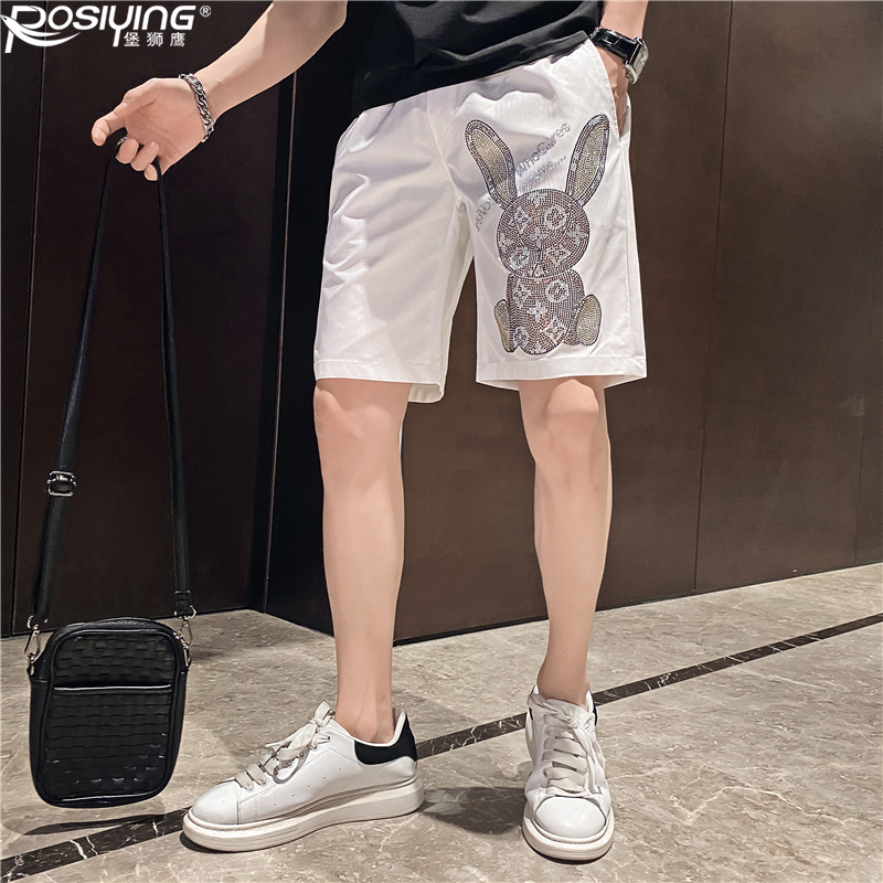 痞帅五分短裤男夏季薄款潮流宽松外穿烫钻中裤潮牌裤子休闲沙滩裤