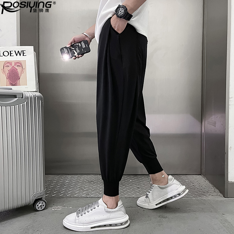 束脚裤子男夏天高街冰丝休闲裤薄款黑色哈伦九分裤韩版百搭小脚裤