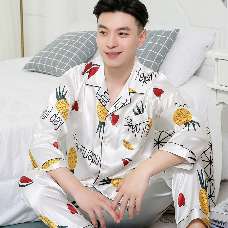 睡衣男春秋季青年学生卡通家居服套装男士冰丝长袖睡衣