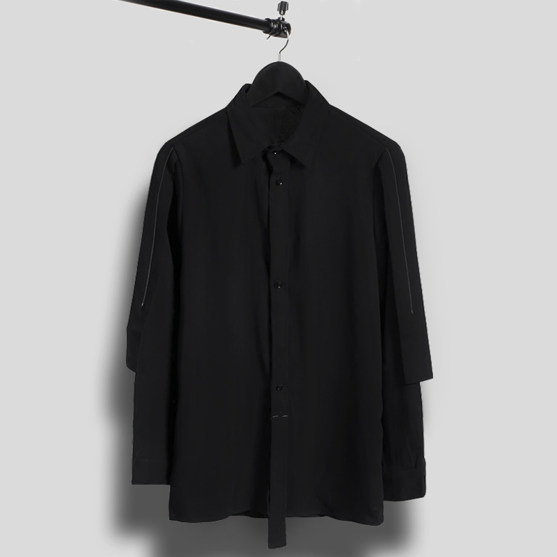 秋季新原创设计款 暗黑系 个性线条藤布裁剪拼接修身长袖衬衫男潮