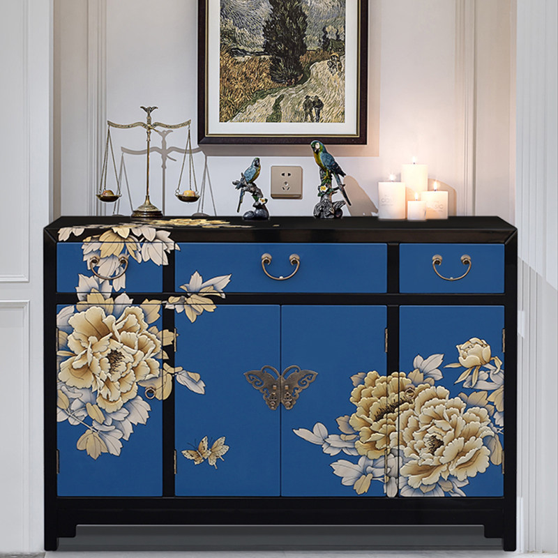 晋元恒彩绘蓝色装饰客厅门厅玄关古典新中式漆柜门厅
