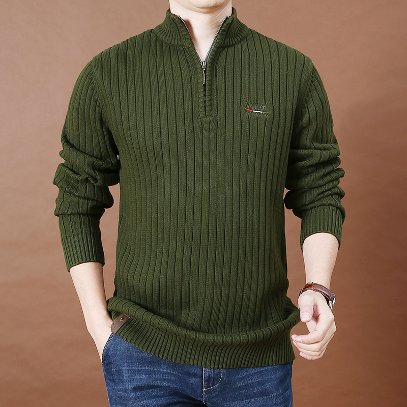 毛衣时尚休闲大码宽松立领线衫男士半拉拉链纯色针织衫