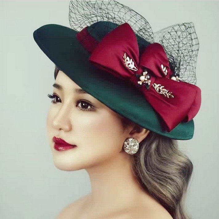 欧美复古墨绿色小礼帽网纱遮面蝴蝶结帽花新娘头饰帽子