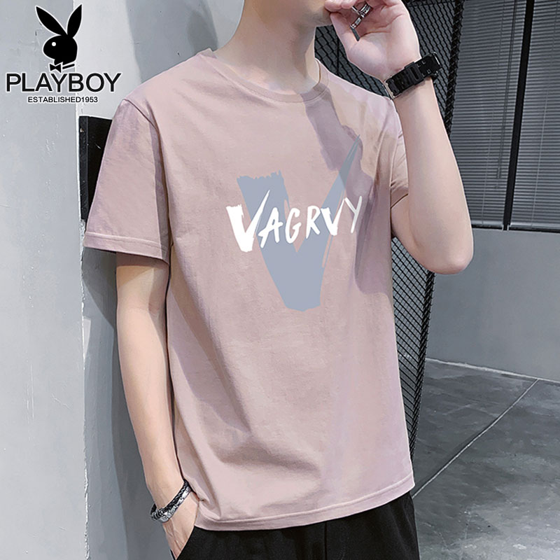 花花公子2022新款短袖t恤男士夏季韩潮流纯棉体恤宽松百搭上衣服