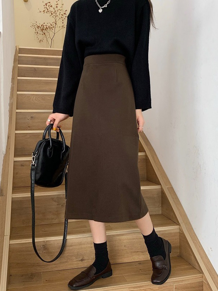 bm直筒半身裙咖色毛呢秋冬中长款高腰a字设计感小众冬季配毛衣裙