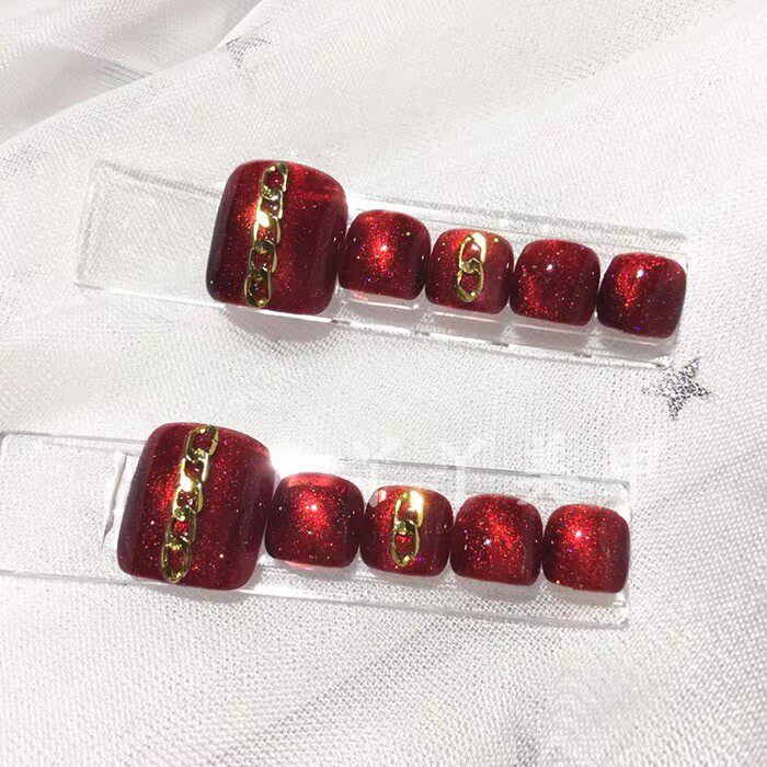 车厘子红色猫眼链条脚趾趾甲贴片美甲网红穿戴美甲工具