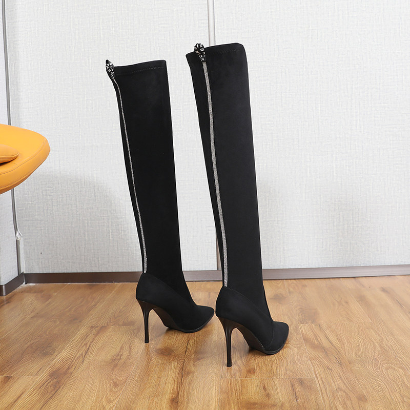 百搭韩版显瘦弹力高筒骑士靴女尖头细跟10cm性感绒面长筒过膝高跟