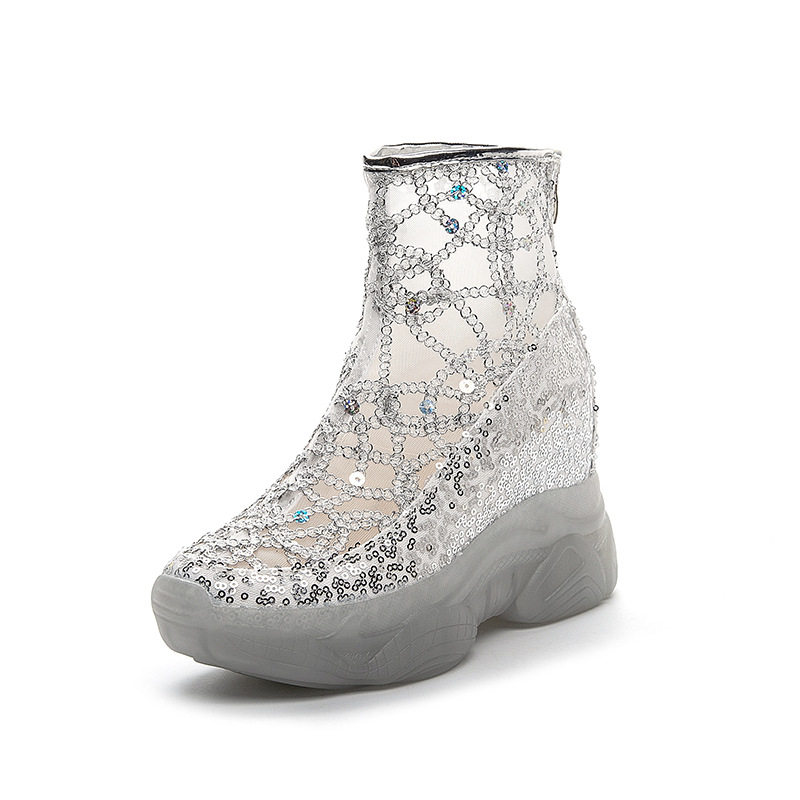透明网纱短靴女内增高单靴子水钻亮片透气镂空夏季新款拉链马丁靴