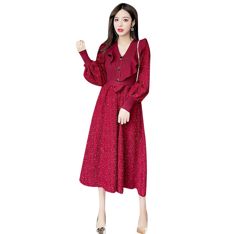 红色连衣裙2021新款法式气质荷叶边针织亮丝收腰本命年新年桔梗裙