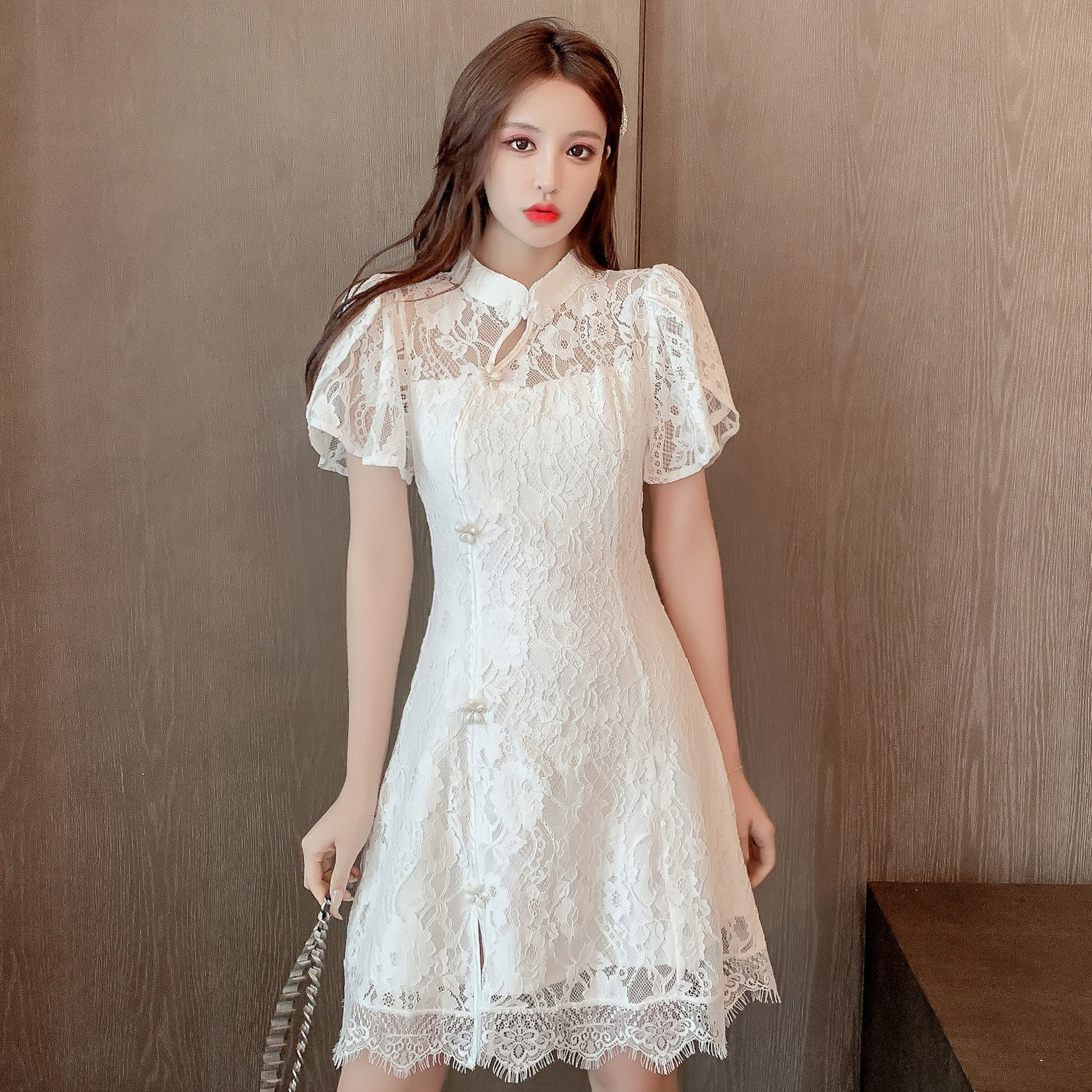 旗袍连衣裙改良蕾丝甜美白色女超年轻少女小个子连衣裙