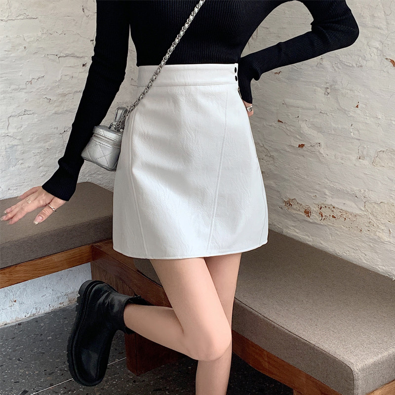 ol高腰拉链裙包半身皮裙设计ins白色气质半身裙