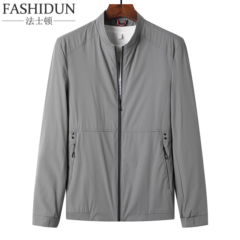 春夏薄夹克男轻薄透气上衣立领宽松夹克衫男户外休闲外套中年男装