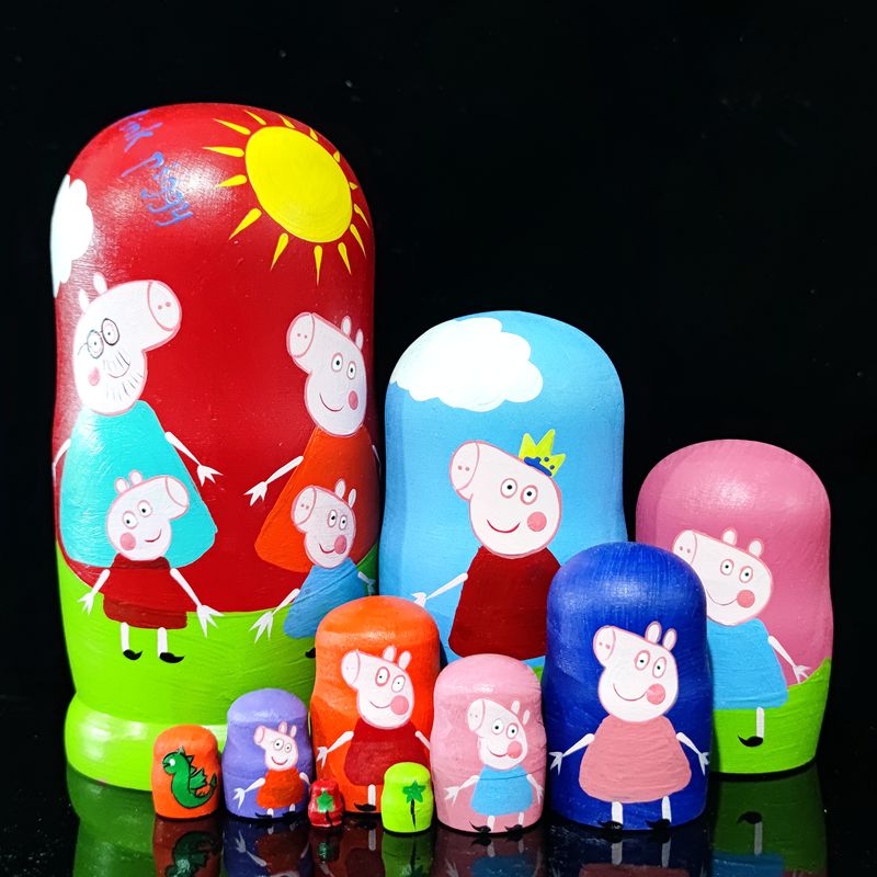 10层俄罗斯套娃玩具小猪卡通通纯手绘图案木制俄罗斯特色