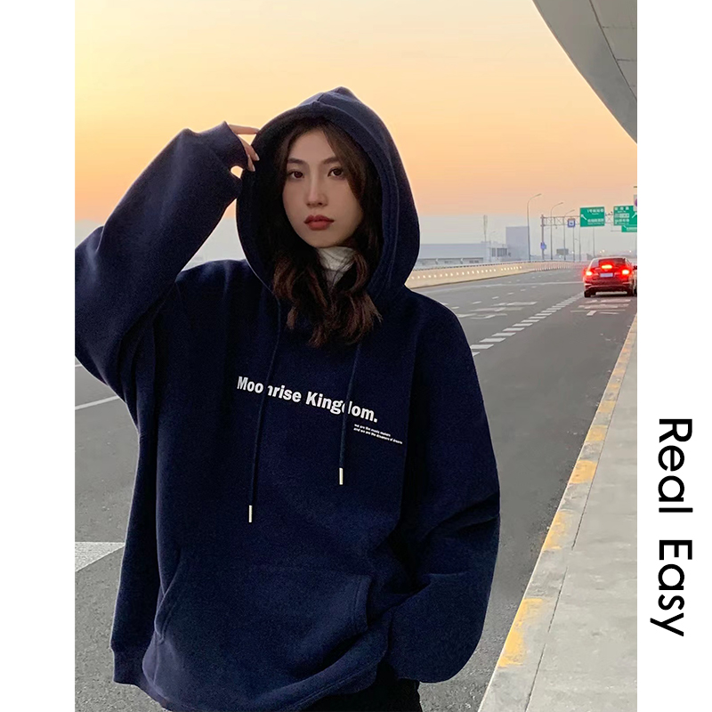 阿一 100棉 卫衣女春秋新款韩版宽松休闲大版百搭印花连帽外套