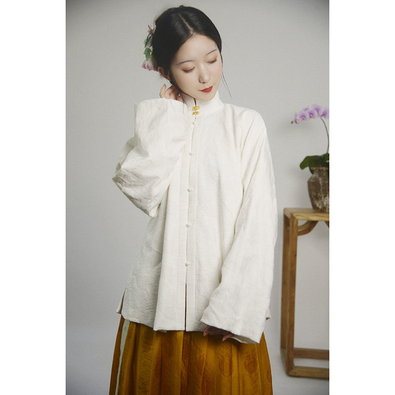 春下汉服君须明制秋冬立领对襟短袄棉麻提花民族服装