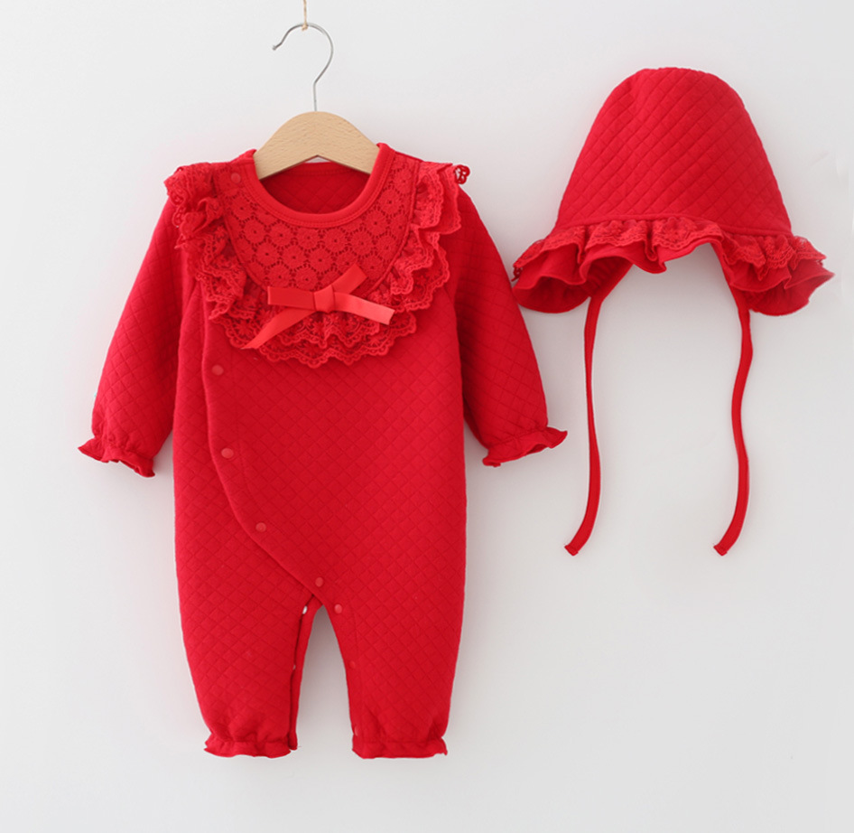 婴儿保暖衣服女宝宝满月百天新年红色喜庆哈衣新生儿连体衣公主服