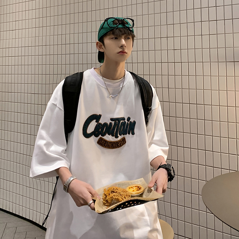 240G重磅短袖t恤男夏季ins潮流字母刺绣上衣宽松潮牌港风百搭体恤