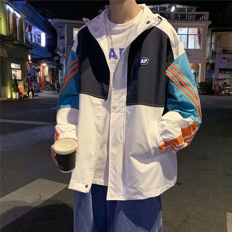 春秋新款外套男潮流休闲拼接撞色连帽夹克原宿风港风宽松帅气上衣
