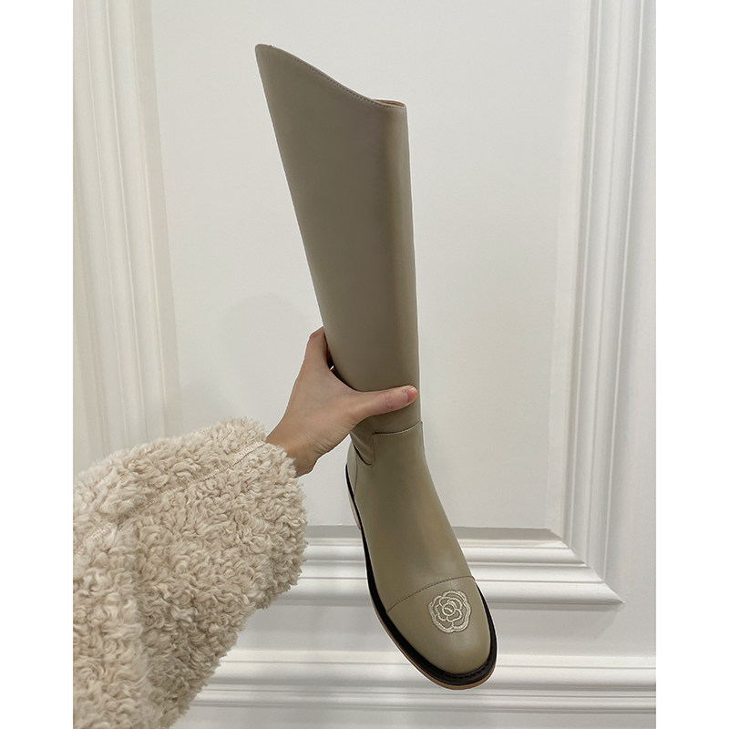 真皮小香风山茶花骑士靴女粗腿米白色高筒大腿围大象灰长筒靴子女