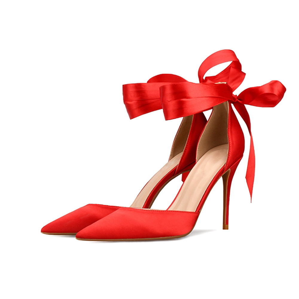 2019年夏季新款中空绸缎尖头细跟凉鞋一字小清新学生高跟鞋绑带女