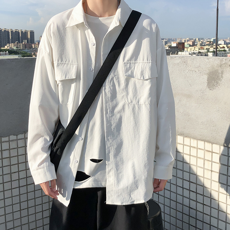 春季衬衫男士长袖内搭潮流工装ins潮牌日系外套春秋休闲白衬衣服
