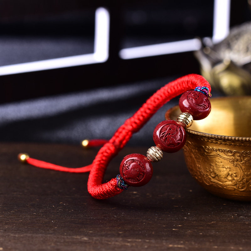 朱砂亥卯未巳酉丑寅午戌三合局北斗三奇保岁红绳手链