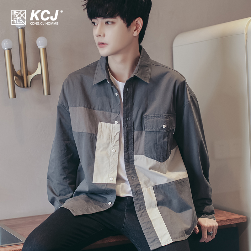 日系拼接衬衫男2022新款春秋季休闲韩版潮流纯棉翻领衬衣宽松外套