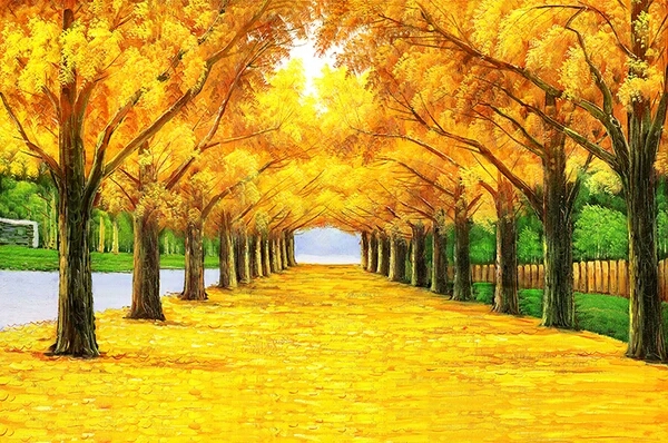 3d玄关立体油画竖版过道走廊风景满地背景墙装饰壁纸 黄金大道