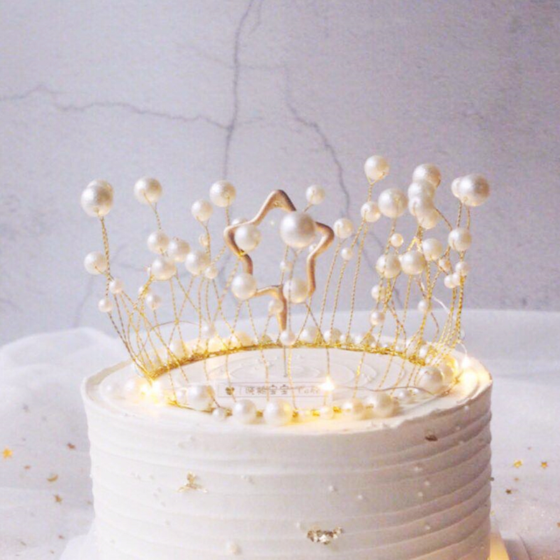 皇冠珍珠蛋糕装饰摆件海藻生日蛋糕头饰儿童女神节日装扮用品