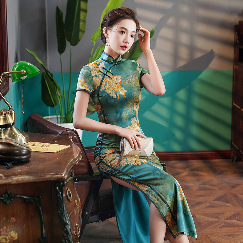 张曼玉同款中长真丝旗袍桑蚕蚕丝港派优雅显瘦旗袍