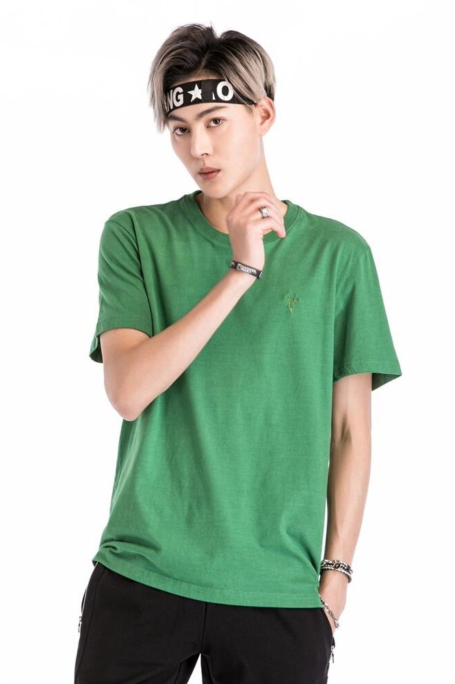 纯棉短袖恤男水洗绿色磨毛纯色简约百搭英伦t恤